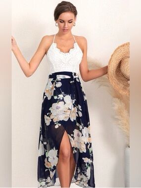 Lace Halter Floral Midi Dress - Navy